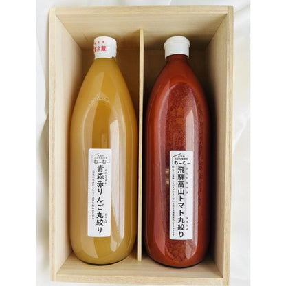 むーむー ジュース ギフト 青森産りんごと飛騨高山トマト 丸しぼり 1L2本入り 桐箱入り 無添加